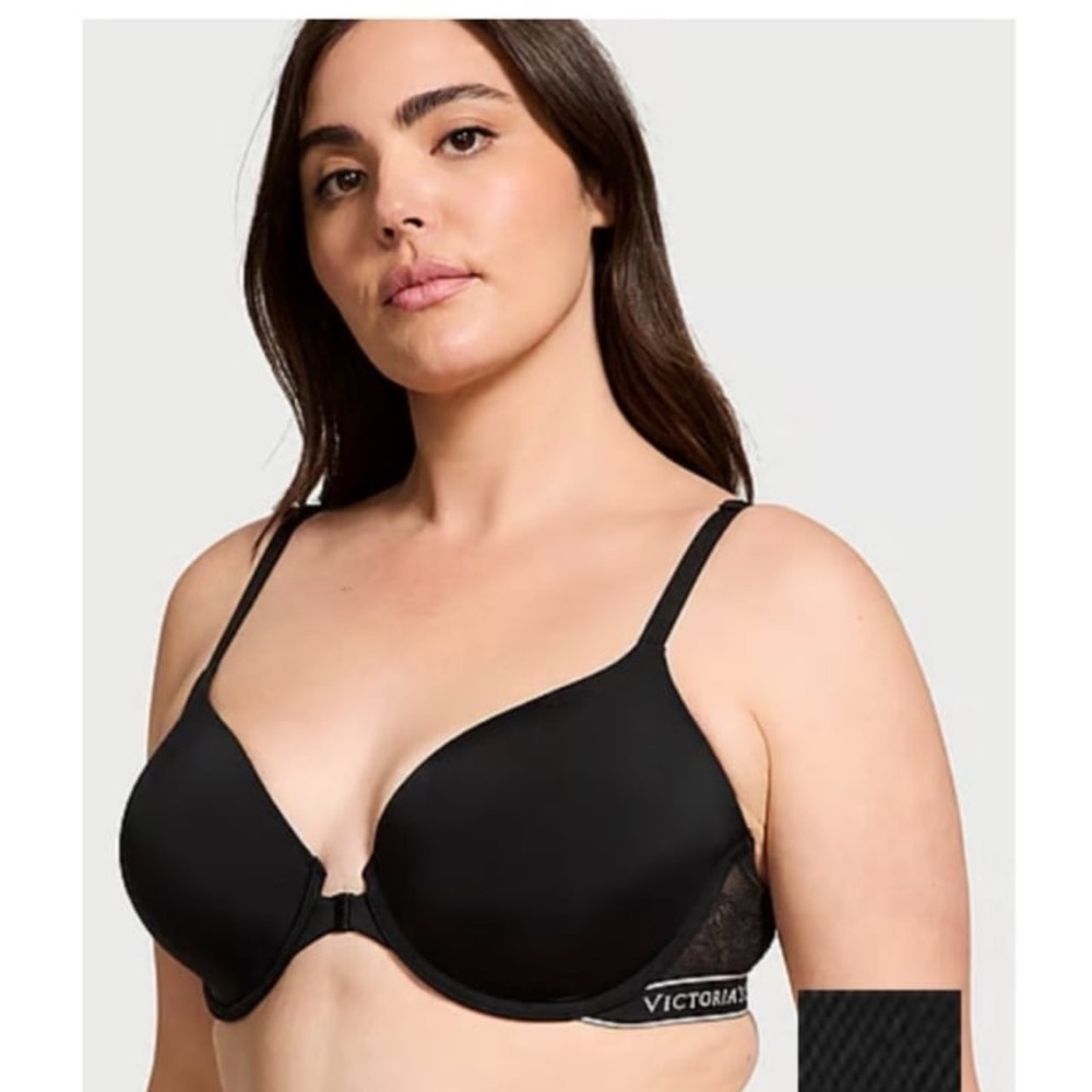 New Victoria's Secret Front Close Black Lace Logo Smooth Cup T-Shirt Bra 36D NWT